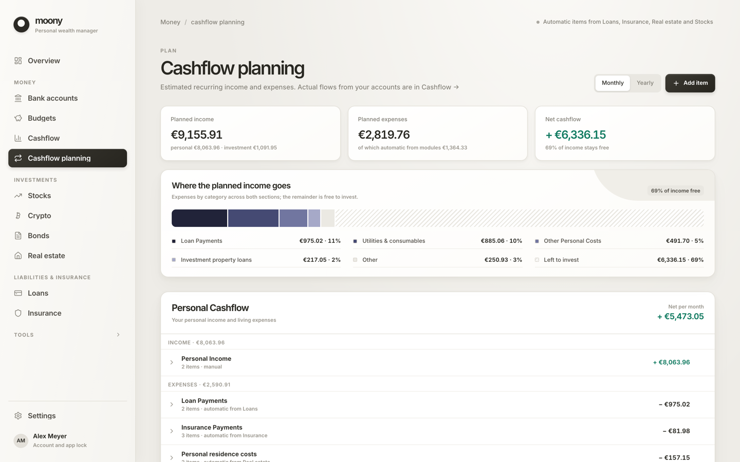 Cashflow planning with planned income and expenses grouped by category